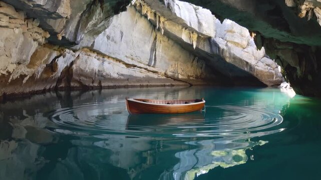 Small Wooden Boat Floating On Calm Turquoise Water Inside A Cave rowboat dinghy