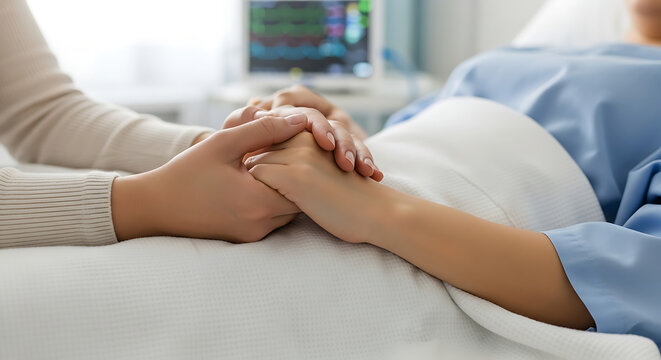 hospital patient and family holding hands in comfort