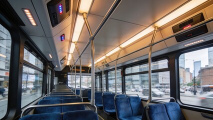 Fototapeta premium Interior of a bus with blue seating and metal railings.