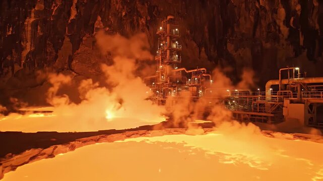 Industrial plant inside a cavern, with molten metal, steam, infrastructure, and cave walls