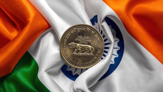 Indian flag backdrop highlights coin with Reserve Bank of India emblem.