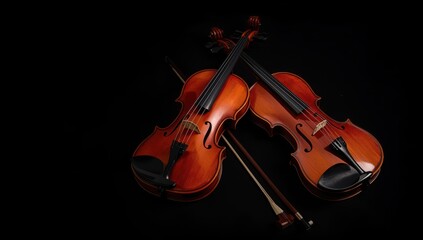 Fototapeta premium Isolated violin orchestra instruments on black. Two stringed instruments with bow.