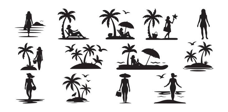 People enjoying sunny beach days, women walking by ocean, men relaxing with drinks outdoors