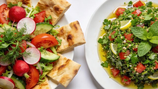 Lebanese fattouch and tabbouleh salad on white background.