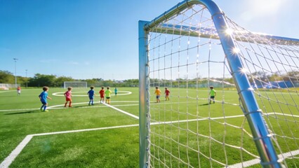 Obraz premium Lush soccer pitch featuring a visible goal net