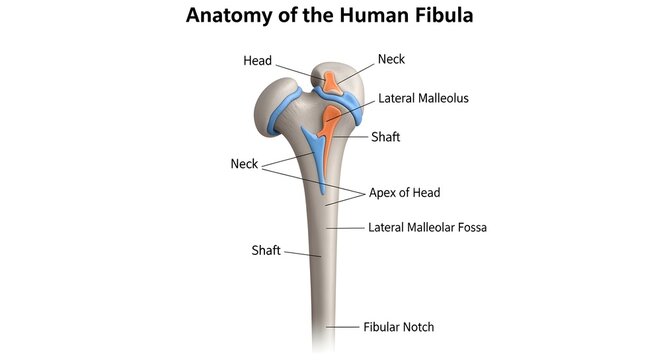 High detailed anatomical medical illustration of the human fibula showing head, neck, shaft, apex, lateral malleolus and tibial articulation landmarks, created for orthopedic study, radiology referenc