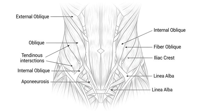 High detailed anatomical drawing of abdominal obliques showing external and internal oblique muscles, tendinous intersections, aponeurosis, iliac crest and linea alba, ideal for core anatomy, surgery 