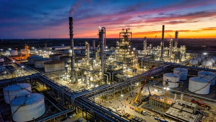 Fototapeta premium Nighttime aerial perspective of a petrochemical refinery.