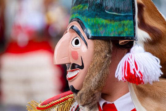 Close up of a Mazcara da Xironda with beautifully painted mitra and red jacket