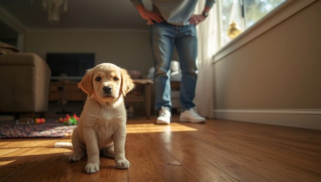 Owner reprimanding misbehaving dog for damp area on the floor.