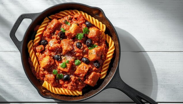 Pasta Puttanesca with tuna and Cellentani in a pan. Overhead shot on a white backdrop.