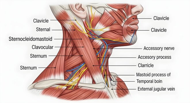 High detailed anatomical illustration of lateral neck showing sternocleidomastoid, deep muscles, accessory nerve, external jugular vein, clavicle and sternum labeled, ideal for head and neck surgery, 