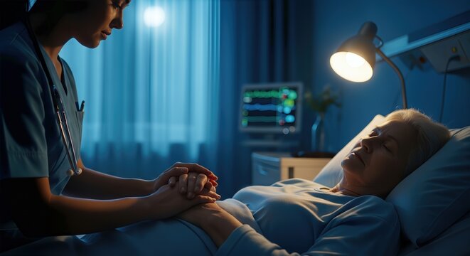 Compassionate young nurse holding the hand of an elderly patient in a hospital bed at night, providing comfort and emotional support in a quiet medical setting with soft lighting.
