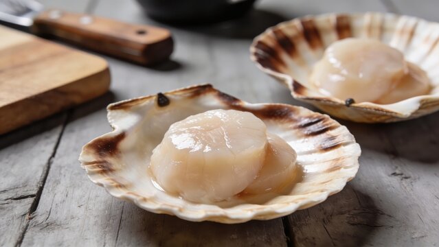 Raw scallops in shells on a grey table, close-up.