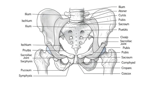 High detailed anatomical drawing of bony pelvis and sacrum showing ilium, ischium, pubis, sacroiliac joints and pubic symphysis labeled, providing accurate skeletal landmarks for obstetrics, orthopedi