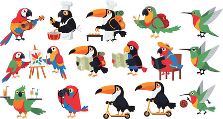 Fototapeta premium Cute Tropical Bird Characters Performing Activities Set Featuring Parrot Toucan Hummingbird Cooking Painting Traveling Reading Music and Photography Cartoon Vector Illustration Collection