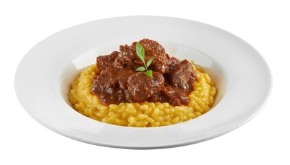 Fototapeta premium Saffron risotto with lamb ragu on a white plate, showcasing classic Italian cuisine.