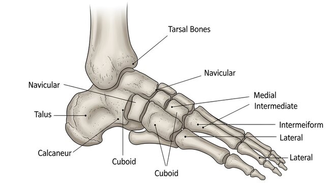 High detailed anatomical medical drawing of lateral foot and ankle skeleton showing talus, calcaneus, navicular, cuboid, cuneiforms and metatarsals labeled, providing accurate bony landmarks for ortho