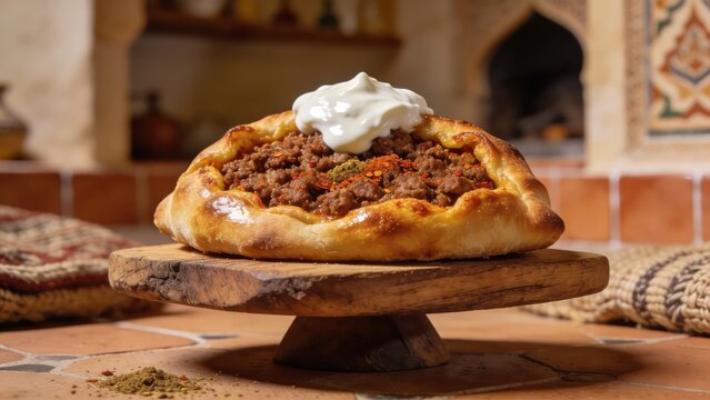 Safiha meat with yogurt, spicy Lebanese pie, low-angle view of meat maneesh.