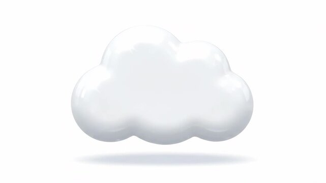 A single, glossy white cloud rendered in 3D, isolated on a pure white background with a soft shadow beneath. Clean and minimalist design.