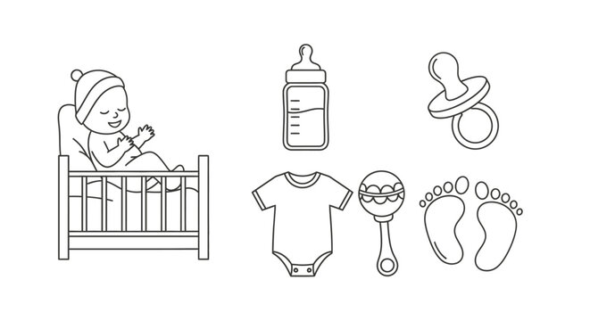 Baby items and infant in a crib vector illustration isolated on white