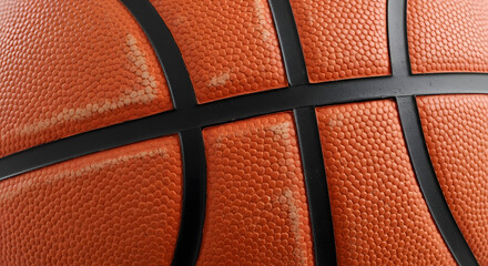 Fototapeta premium Close-up macro shot of a textured orange basketball with black seams, showcasing the intricate details of its surface and the material's grip