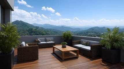 Fototapeta premium Spacious balcony with modern wicker furniture and a breathtaking panoramic view of lush green mountains under a clear blue sky