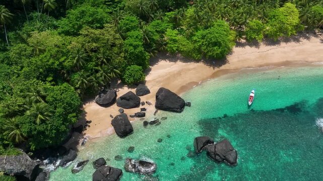 Tropical sand beach on S&atilde;o Tom&eacute; and Pr&iacute;ncipe, drone perspective