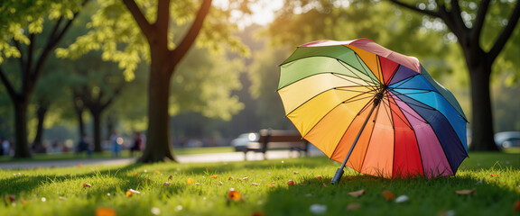 Fototapeta premium Colorful rainbow-striped umbrella open on grass in sunny park - Concept of Pride parade 