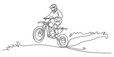 Obraz premium Continuous line drawing of a motocross rider performing a jump on a dirt bike in the air. Vector, illustration