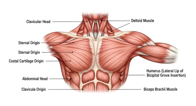 High detailed anatomical medical illustration of pectoralis major and upper chest showing clavicular, sternal, costal cartilage and abdominal heads with deltoid and biceps insertions labeled for anato