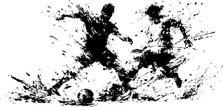 Dynamic soccer players competing for ball in energetic paint splatter illustration