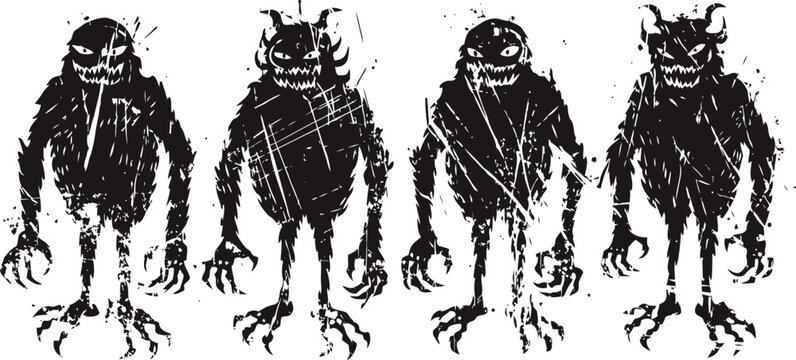 spooky eerie monster silhouettes with menacing claws and grinning faces in dark horror