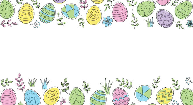 A festive easter background featuring colorful hand drawn eggs and decorative floral elements
