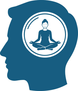 Manual Vector Illustration of Human Head Profile with Woman Meditating Yoga Silhouette for Mental Wellness Concept.