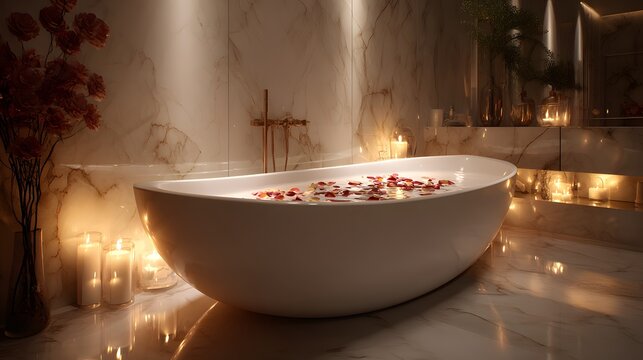 Warm light bathes a luxurious marble bathroom