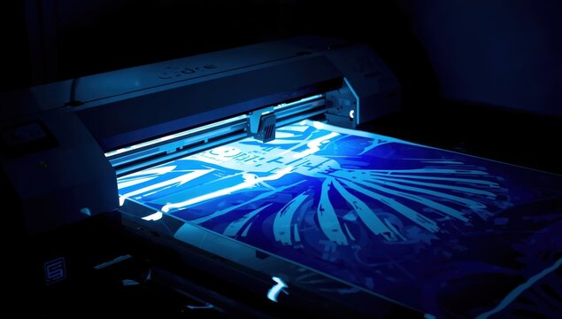 Using a UV printer on vinyl tarpaulin in a dim indoor setting (with selective focus).