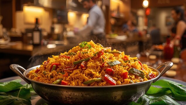 Vegetable biryani made with basmati rice, spiced vegetables, and Indian flavors.