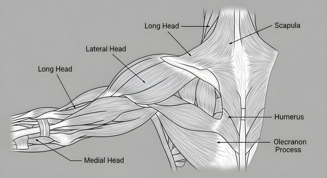 High detailed anatomical drawing of triceps brachii showing long, lateral and medial heads with scapula, humerus and olecranon process labeled, illustrating posterior arm extensor mechanism for medica