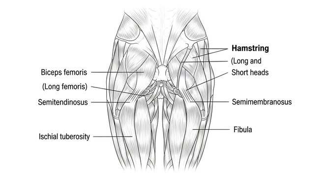 High detailed anatomical medical sketch of posterior thigh showing hamstring group with biceps femoris, semitendinosus, semimembranosus, ischial tuberosity and fibula labeled, perfect for sports injur