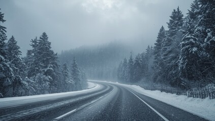 Fototapeta premium Winter storm blizzard on a forest road under daylight.