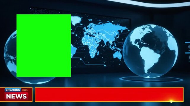 A breaking news video broadcast with a green screen and a globe on a futuristic background