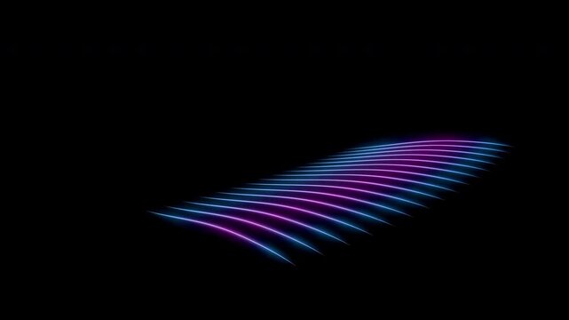 Glowing neon lines descend in an orderly manner along a curved path, creating a dynamic effect of movement. A smooth stream of light segments forms a futuristic pattern in a dark space.
