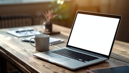 Fototapeta premium Zoomed-in shot of a coffee cup and laptop with a blank screen on a wooden surface.