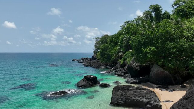 Tropical sand beach on S&atilde;o Tom&eacute; and Pr&iacute;ncipe, drone perspective