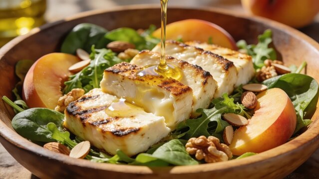 Salad featuring grilled Halloumi, peaches, nuts, spinach, and arugula; nutritious dish.