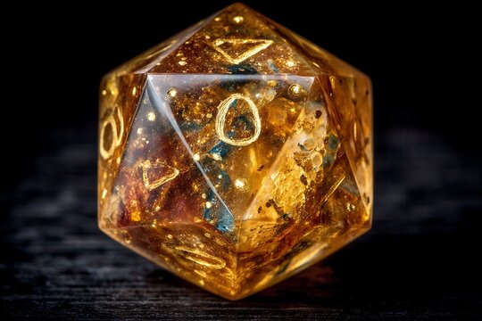 Golden D20 Polyhedral Dice Closeup.