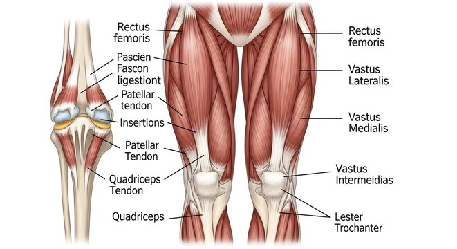 High detailed anatomical medical illustration of quadriceps femoris group with rectus femoris, vastus lateralis, medialis and intermedius plus patellar tendon and knee joint insertions, ideal for spor