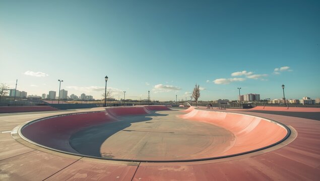 Vacant pink skate park awaiting skaters. Skateboard facility in city. Action sports area.