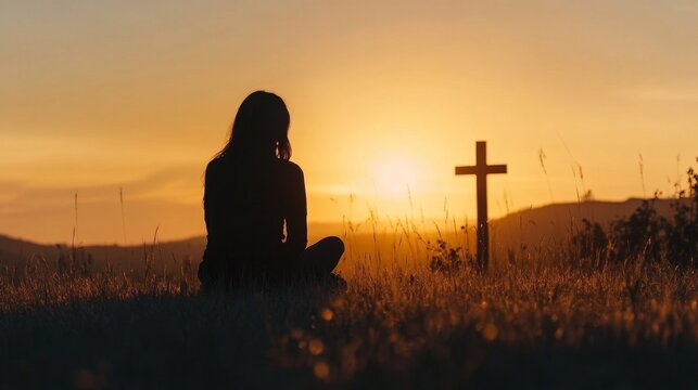 Silhouette of a woman sitting on the grass praying in front of a cross at sunset